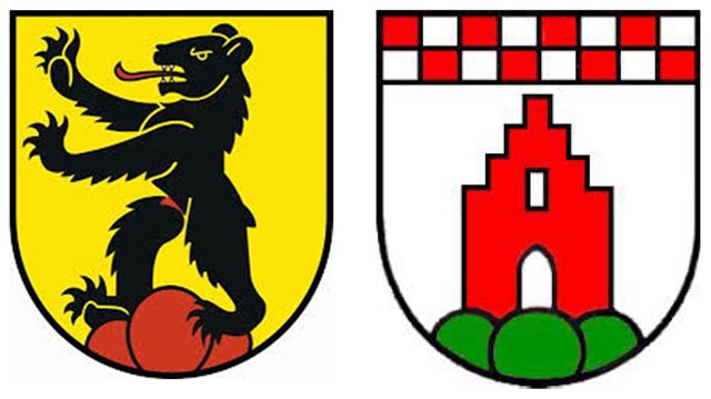 Bleiben selbstständige Gemeinden: Arisdorf (Wappen links) und Hersberg (Wappen rechts).